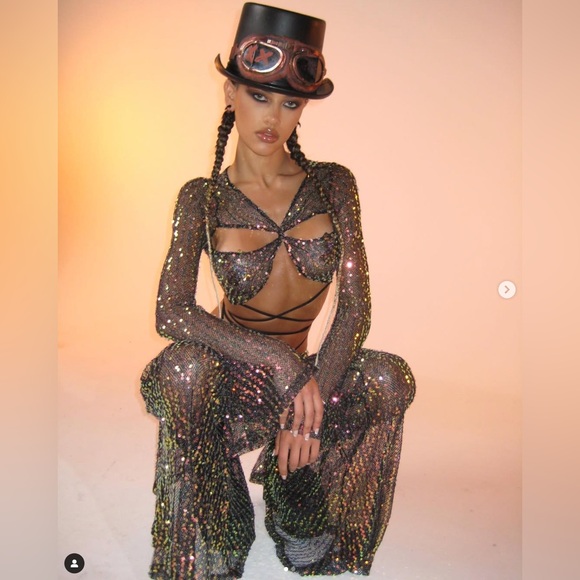 Club Exx Pants - Club Exx Black Fishnet Iridescent Sequin Top & Flares - L/XXL - SMALL FIT